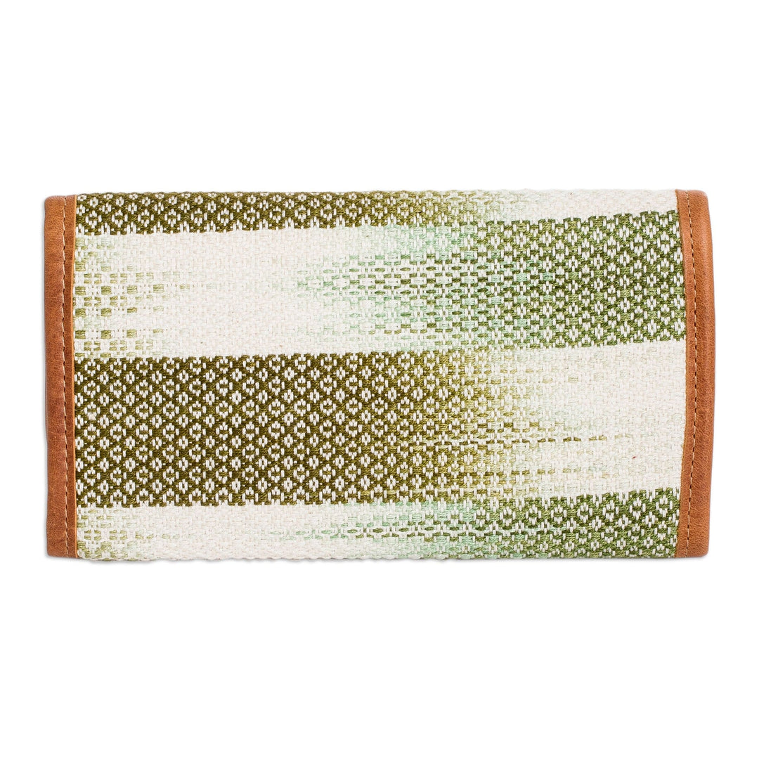 Green and White Hand-Woven Cotton Wallet with Leather Trim - Colors of Tradition in Green