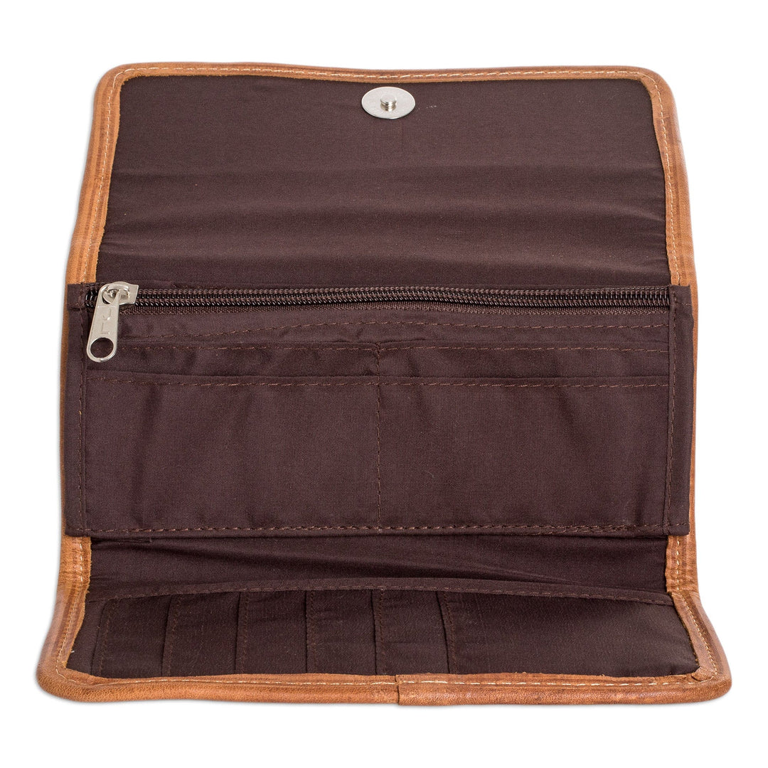 Green and White Hand-Woven Cotton Wallet with Leather Trim - Colors of Tradition in Green