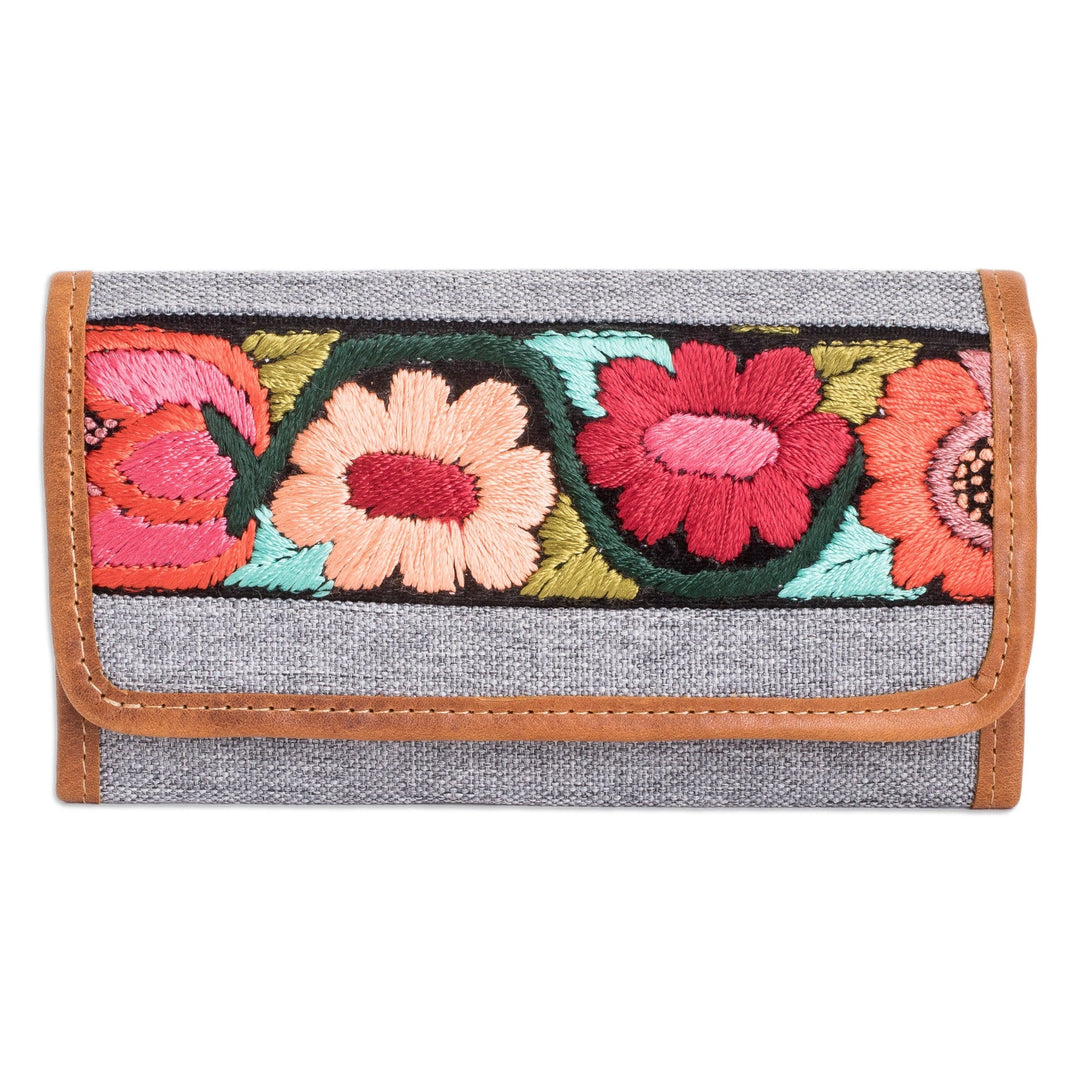 Woven Cotton Wallet with Floral Embroidery and Leather Trim - Floral Dreams in Grey