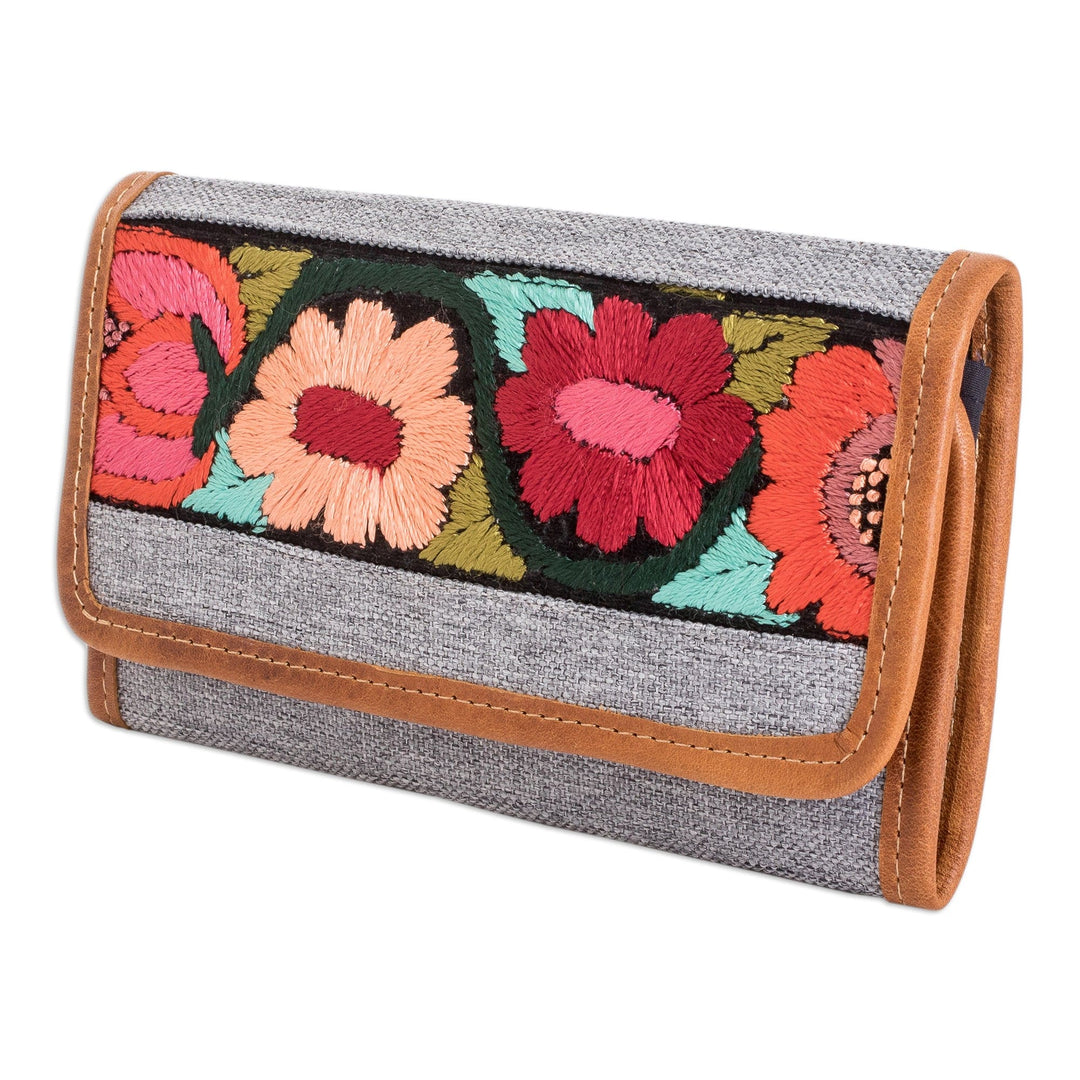Woven Cotton Wallet with Floral Embroidery and Leather Trim - Floral Dreams in Grey