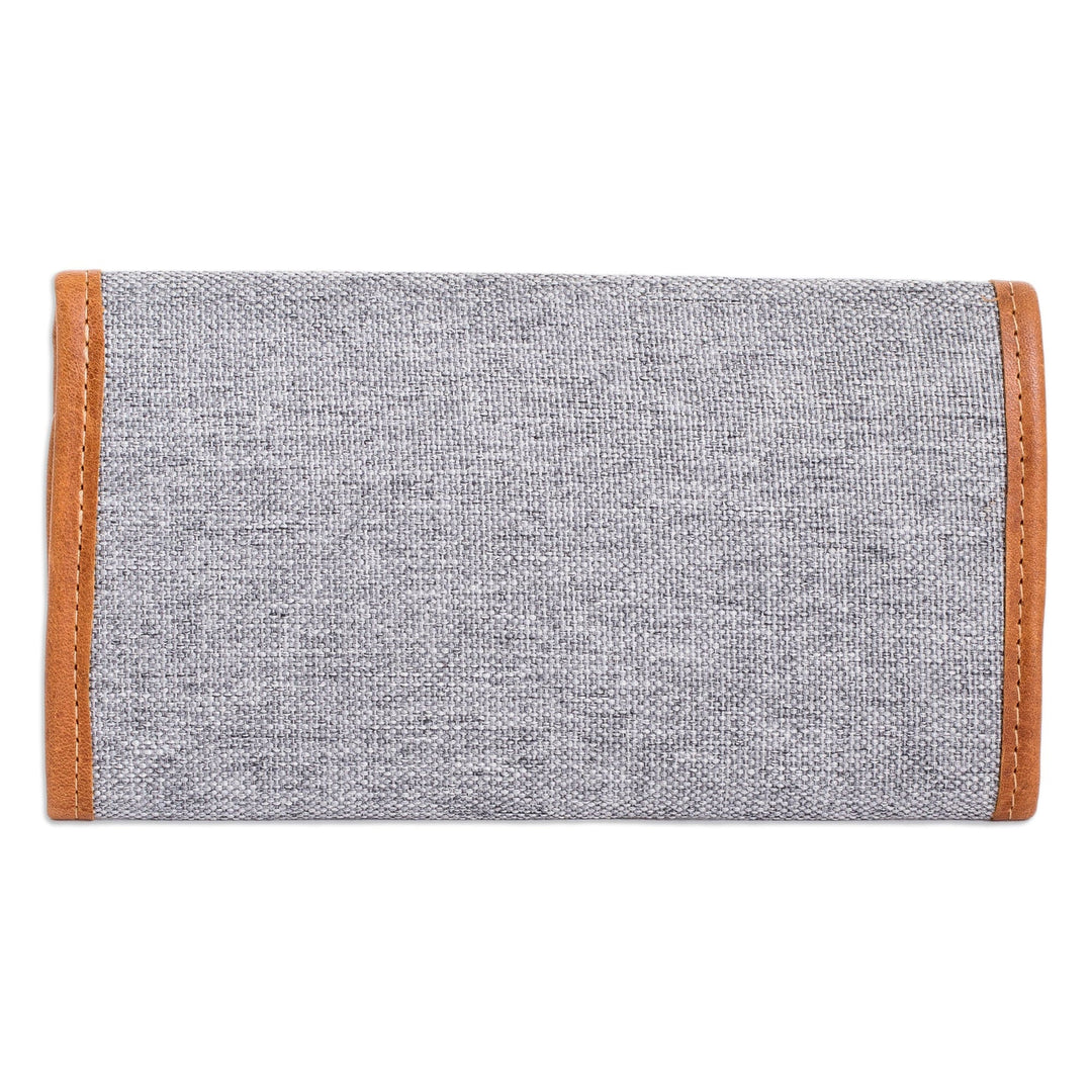 Woven Cotton Wallet with Floral Embroidery and Leather Trim - Floral Dreams in Grey