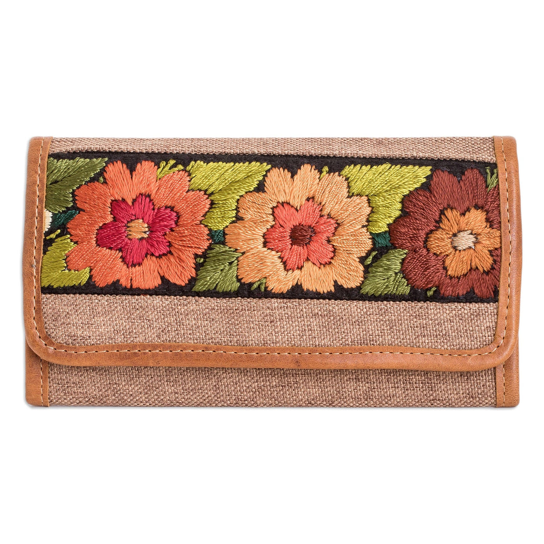 Hand-Woven and Embroidered Cotton Wallet with Leather Trim - Floral Dreams