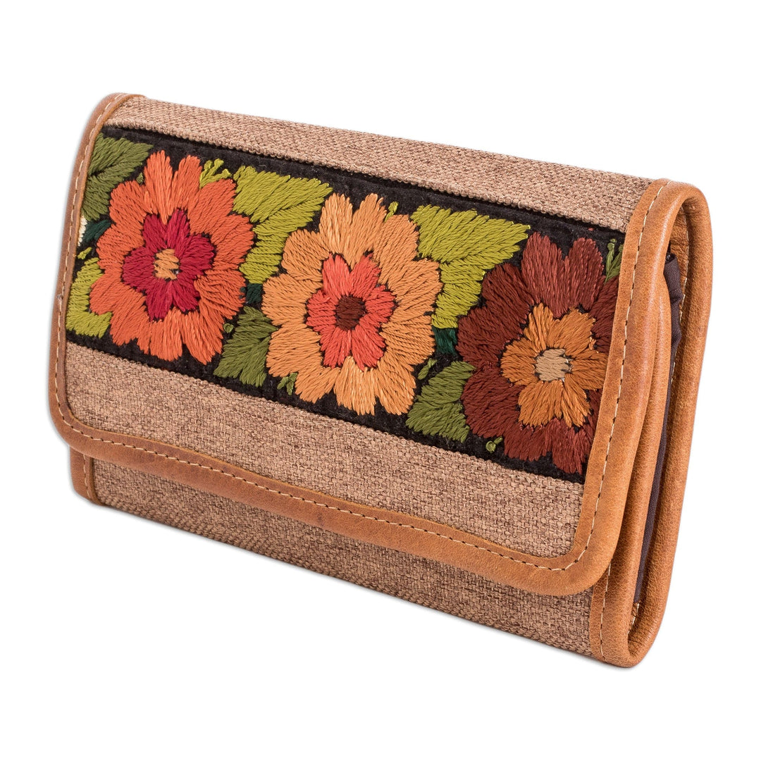 Hand-Woven and Embroidered Cotton Wallet with Leather Trim - Floral Dreams