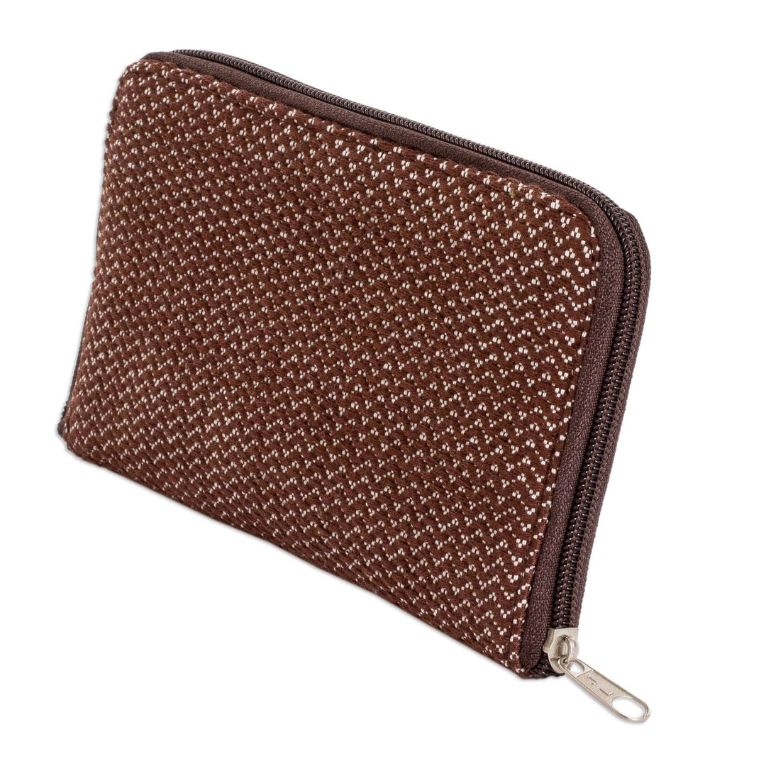 Hand-Woven Cotton Zipper Wallet in Brown and White Shades - Weaving Stories in Brown