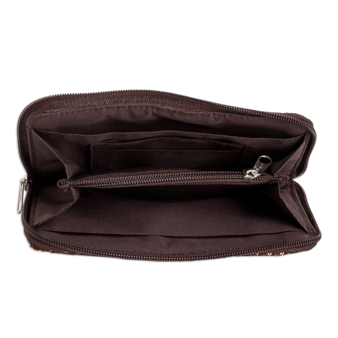 Hand-Woven Cotton Zipper Wallet in Brown and White Shades - Weaving Stories in Brown