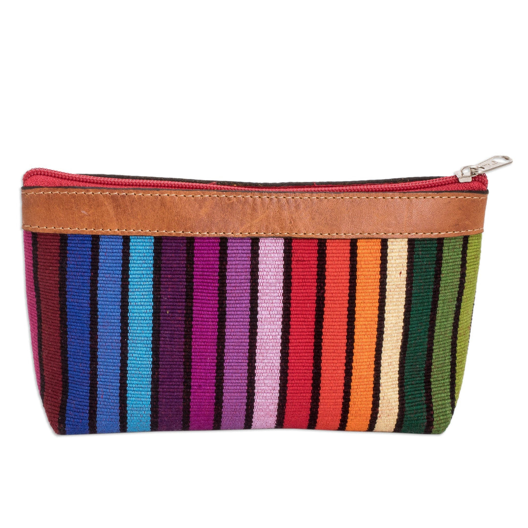 Colorful Hand-Woven Cotton Cosmetic Bag with Leather Trim - Multicolored Ocean