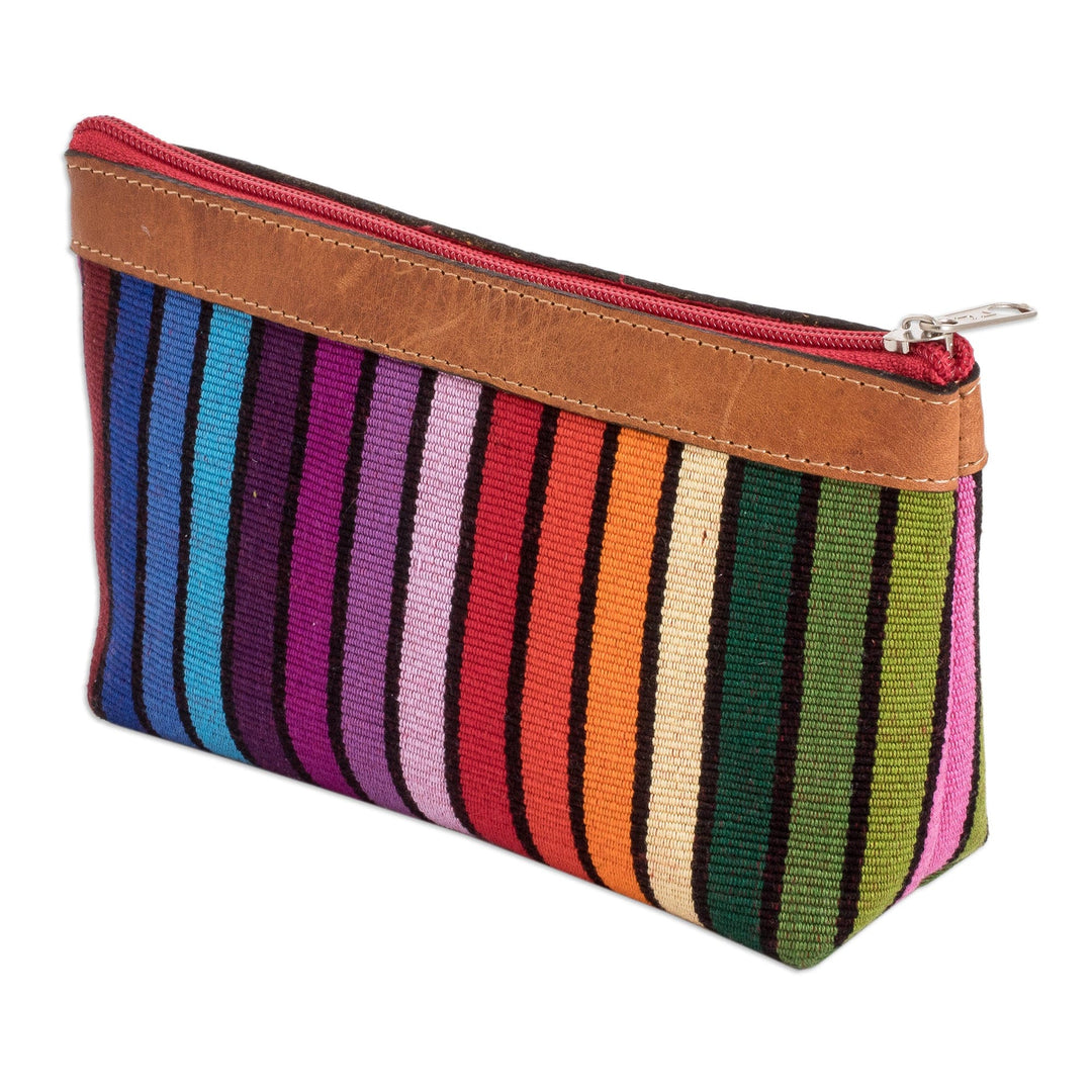 Colorful Hand-Woven Cotton Cosmetic Bag with Leather Trim - Multicolored Ocean