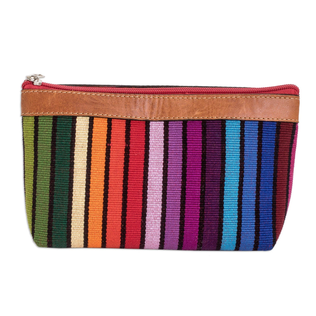 Colorful Hand-Woven Cotton Cosmetic Bag with Leather Trim - Multicolored Ocean