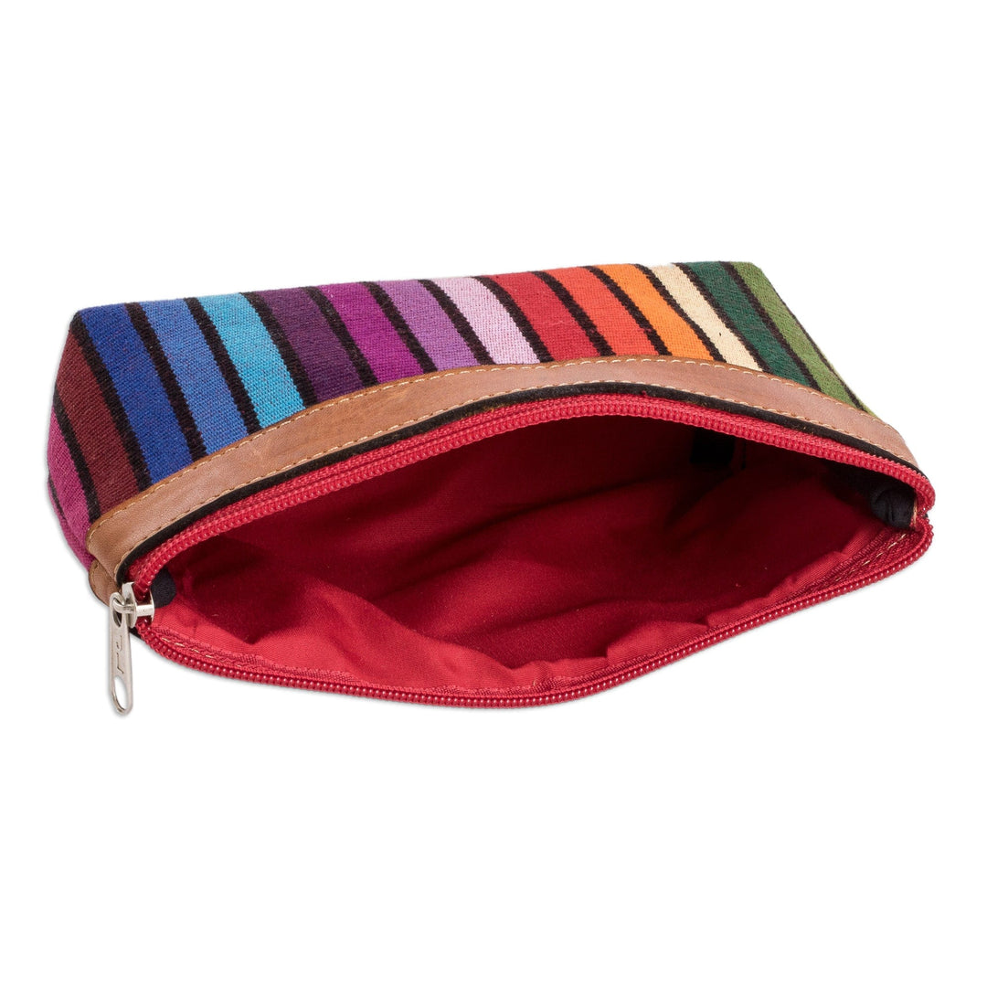 Colorful Hand-Woven Cotton Cosmetic Bag with Leather Trim - Multicolored Ocean