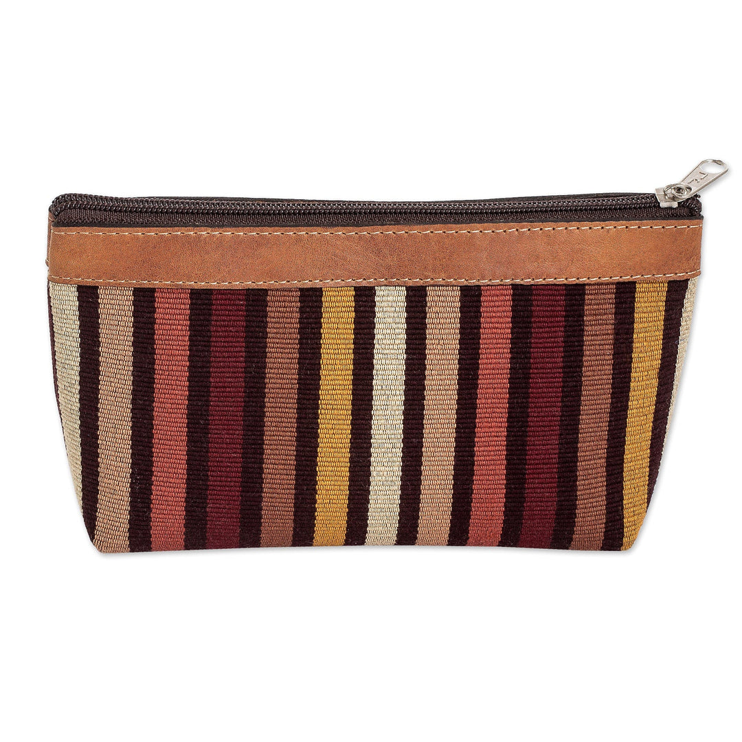 Striped Hand-Woven Cotton Cosmetic Bag with Leather Trim - Fertile Land