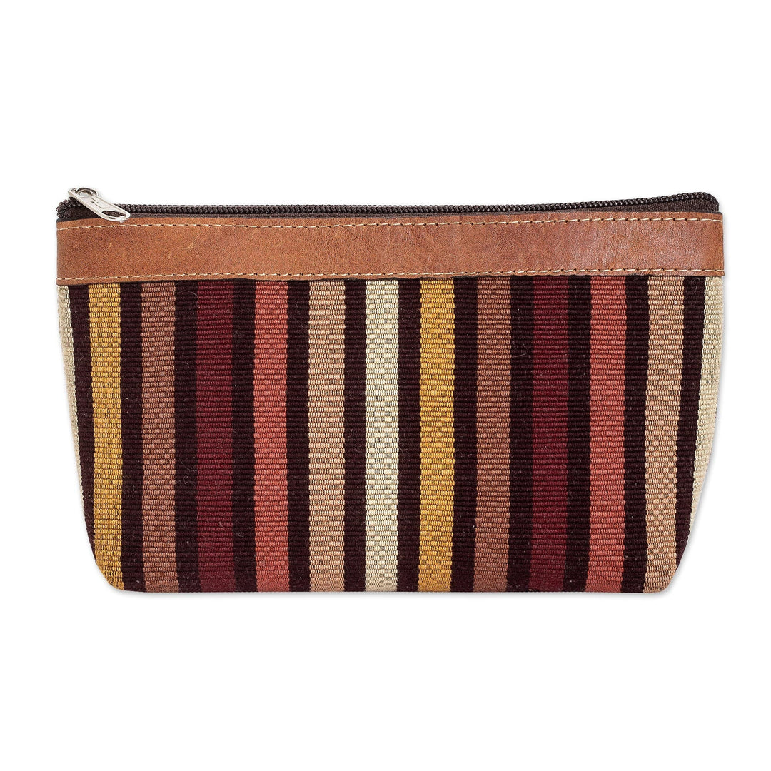 Striped Hand-Woven Cotton Cosmetic Bag with Leather Trim - Fertile Land