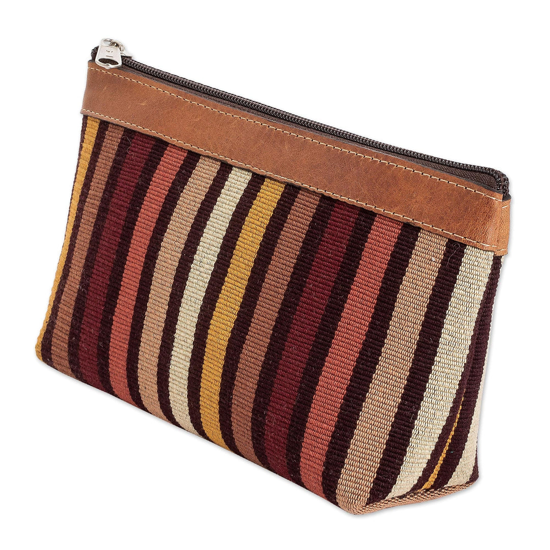 Striped Hand-Woven Cotton Cosmetic Bag with Leather Trim - Fertile Land