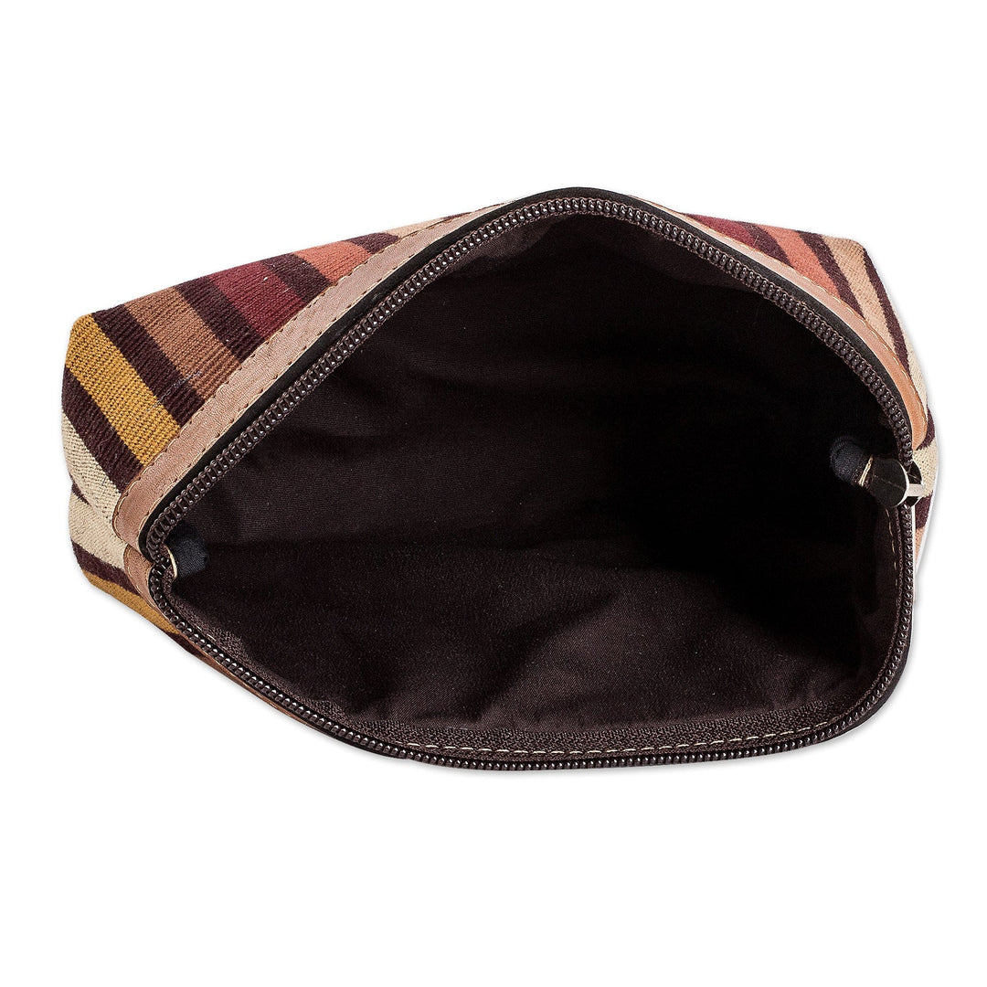 Striped Hand-Woven Cotton Cosmetic Bag with Leather Trim - Fertile Land