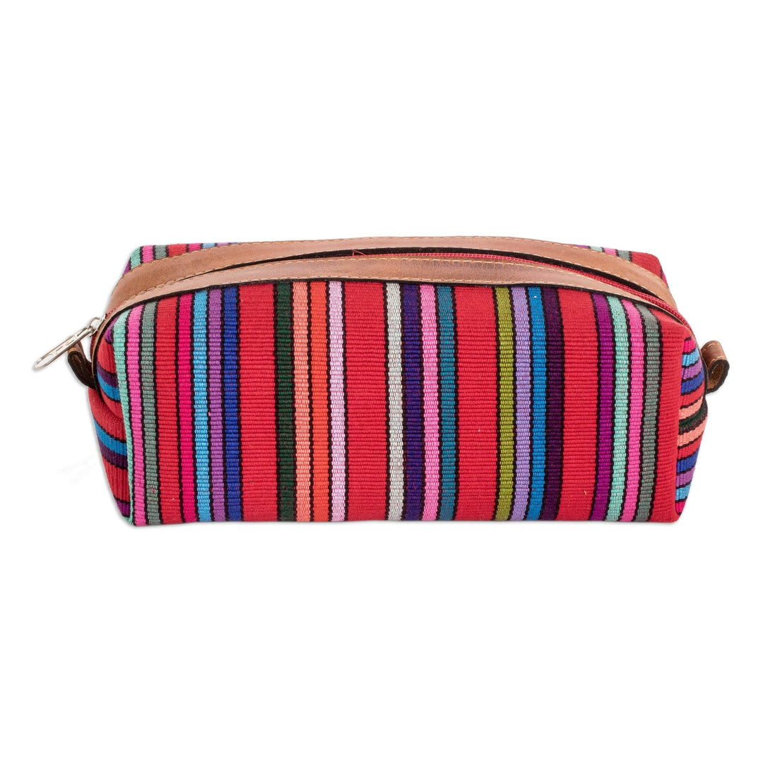 Leather-Accented Multicolor Striped Cotton Cosmetic Bag - Festive Era