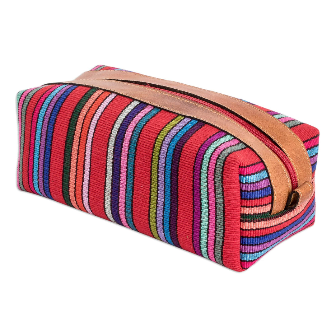 Leather-Accented Multicolor Striped Cotton Cosmetic Bag - Festive Era
