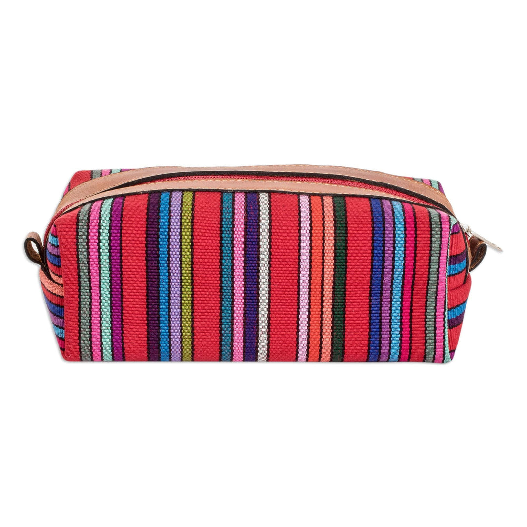 Leather-Accented Multicolor Striped Cotton Cosmetic Bag - Festive Era