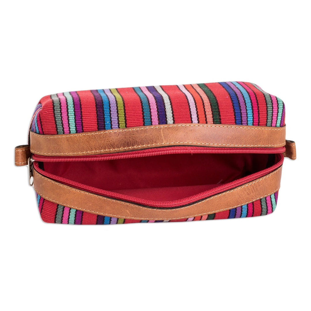 Leather-Accented Multicolor Striped Cotton Cosmetic Bag - Festive Era