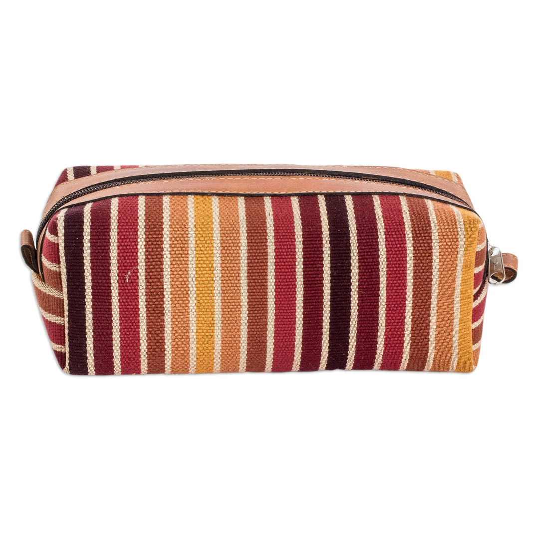 Leather-Accented Warm-Toned Striped Cotton Cosmetic Bag - Evening Era