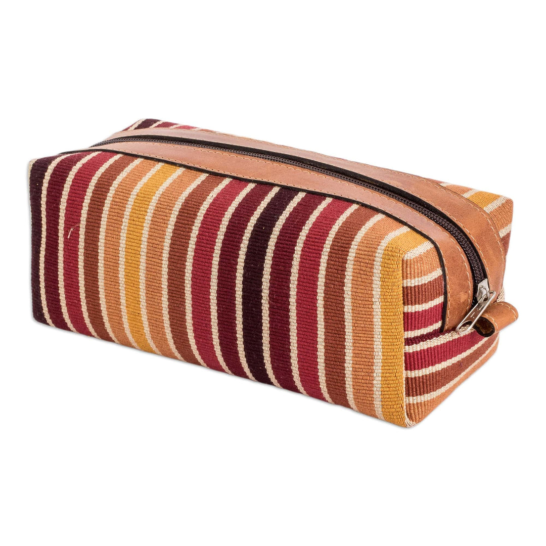Leather-Accented Warm-Toned Striped Cotton Cosmetic Bag - Evening Era