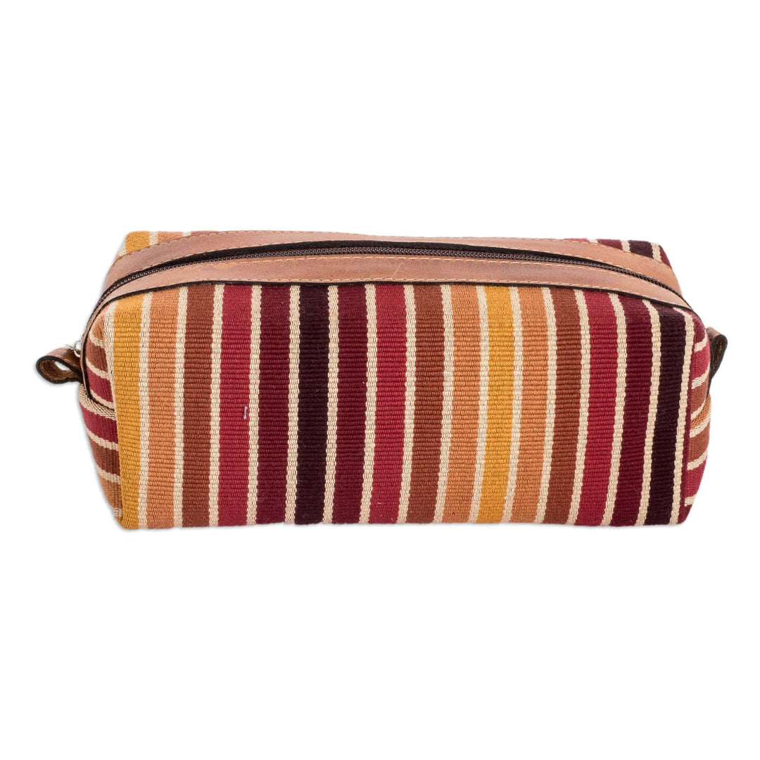 Leather-Accented Warm-Toned Striped Cotton Cosmetic Bag - Evening Era