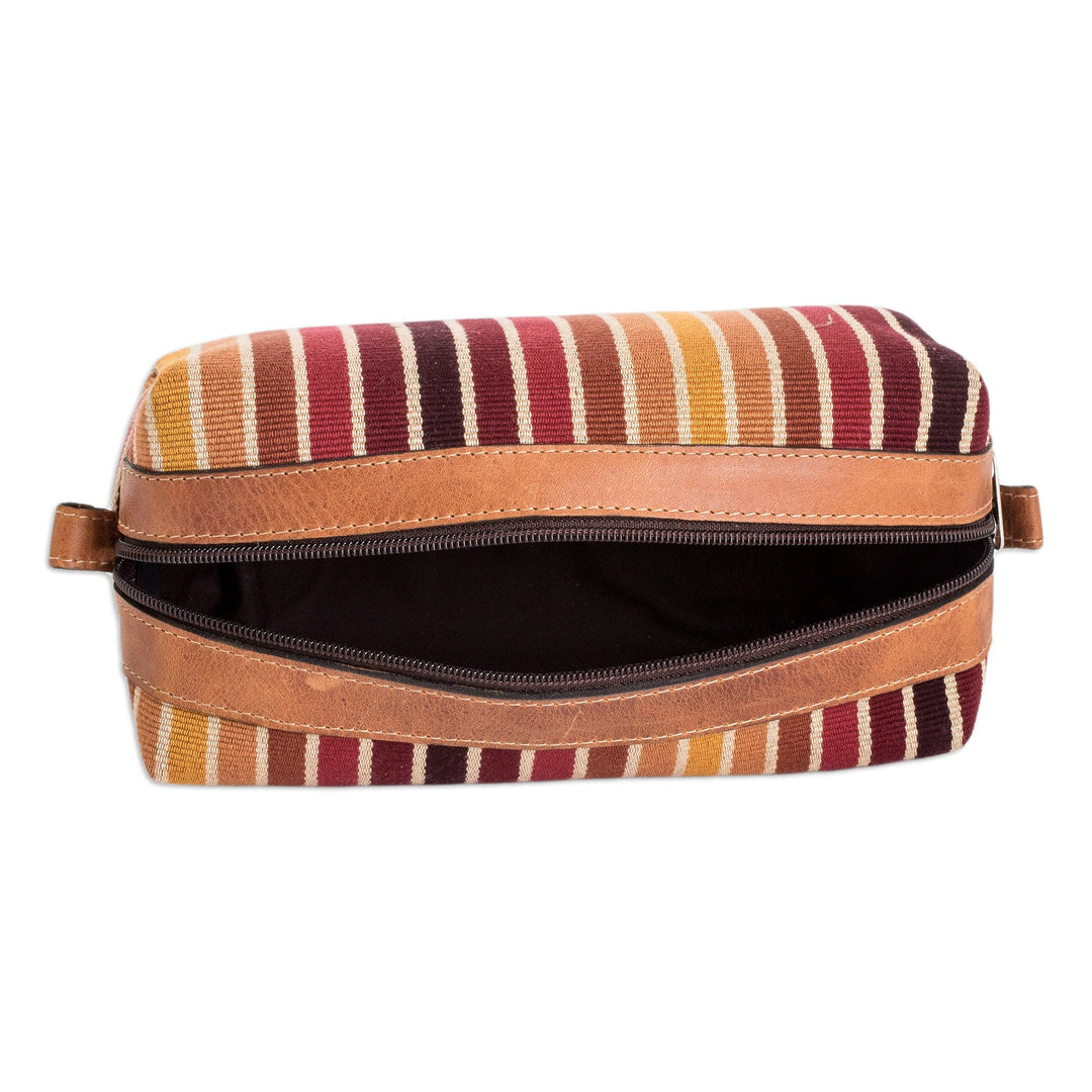 Leather-Accented Warm-Toned Striped Cotton Cosmetic Bag - Evening Era