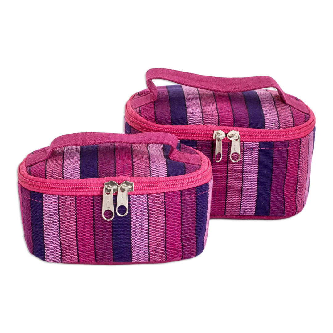 Set of 2 Magenta and Purple Striped Cotton Cosmetic Bags - Magenta Styles