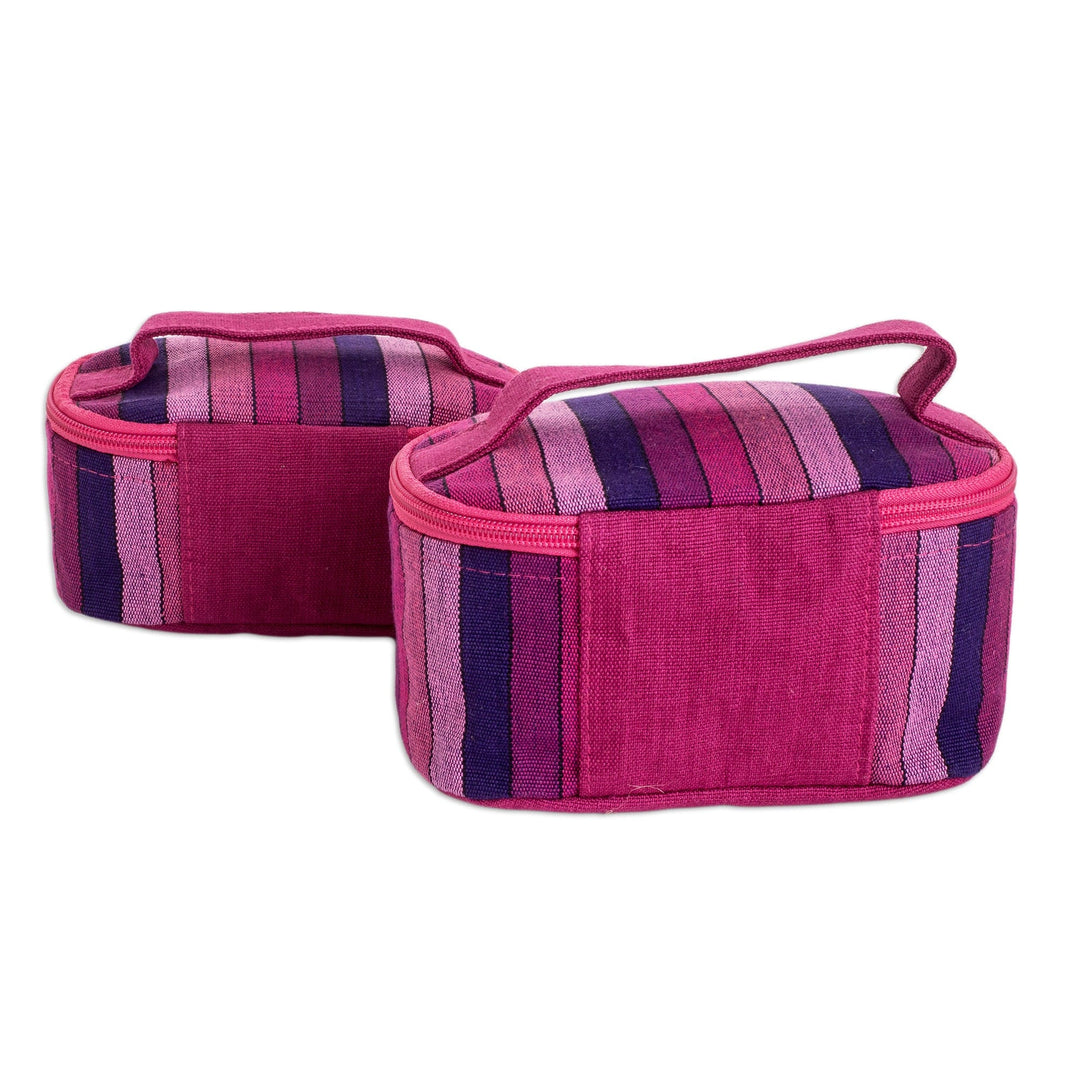 Set of 2 Magenta and Purple Striped Cotton Cosmetic Bags - Magenta Styles