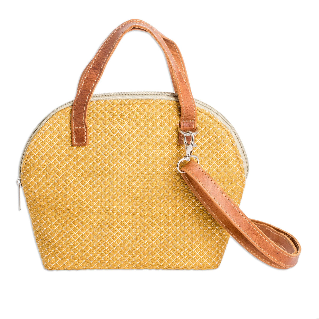 Leather-Accented Adjustable Cotton Sling Bag in a Honey Hue - Honey Memoirs