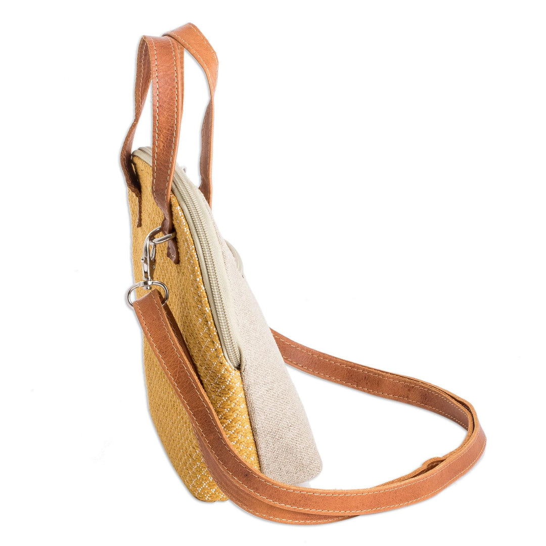 Leather-Accented Adjustable Cotton Sling Bag in a Honey Hue - Honey Memoirs