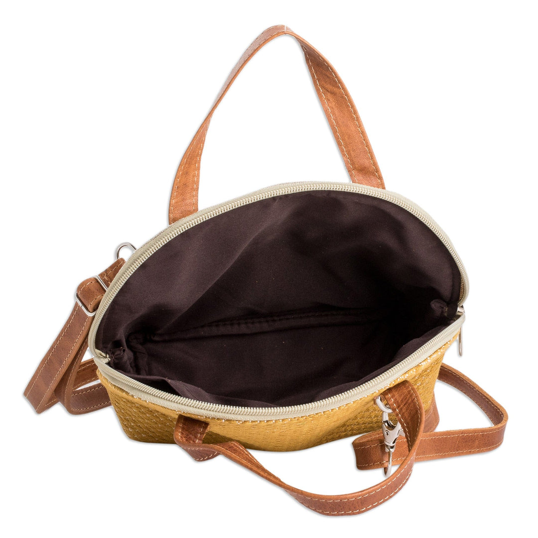 Leather-Accented Adjustable Cotton Sling Bag in a Honey Hue - Honey Memoirs