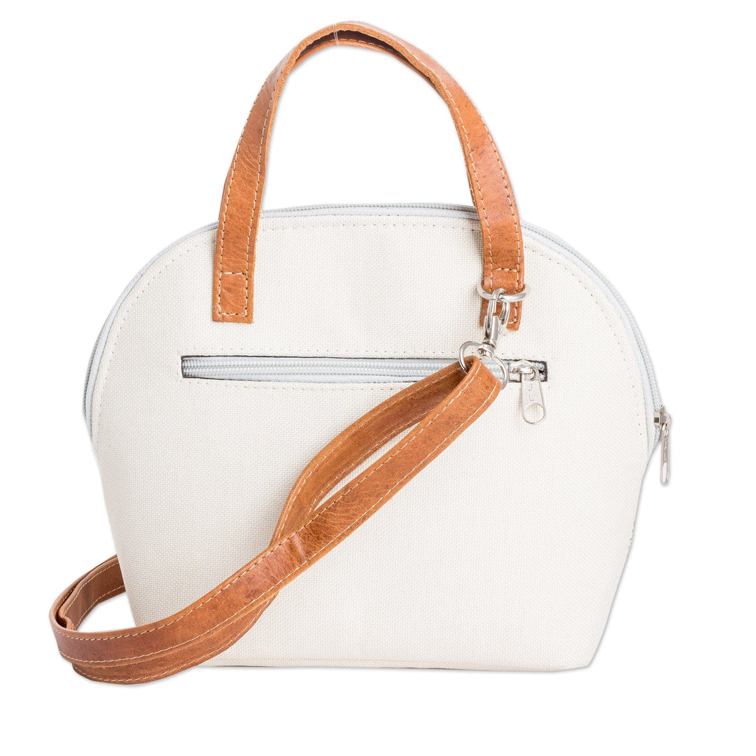 Leather-Accented Adjustable Cotton Sling Bag in Beige - Beige Memoirs