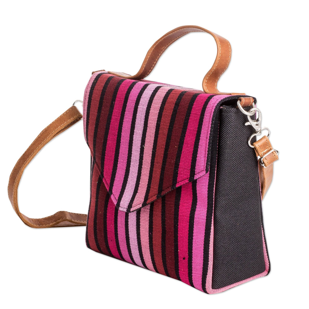 Leather-Accented Striped Cotton Sling Bag in Pink and Red - Carnation Fate