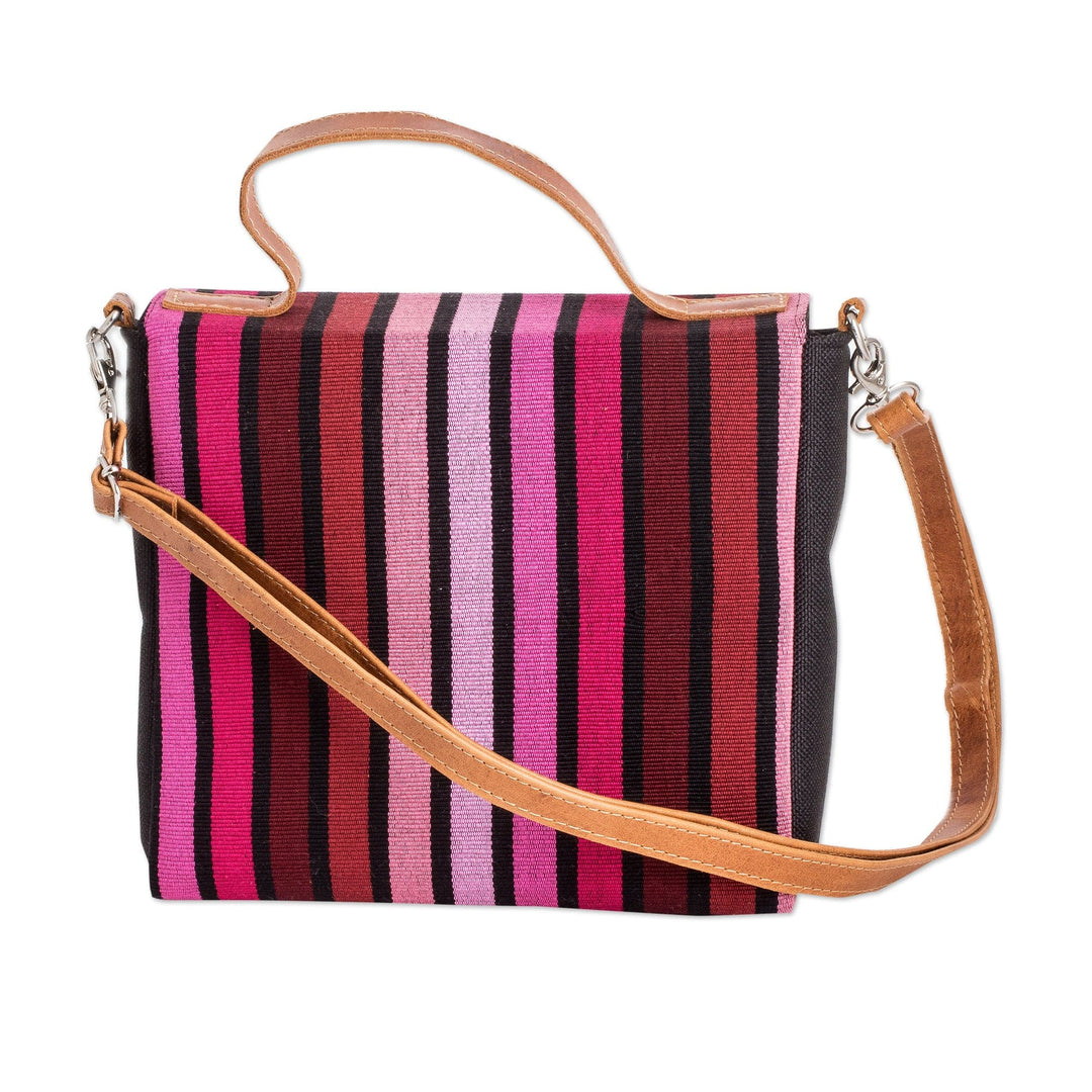 Leather-Accented Striped Cotton Sling Bag in Pink and Red - Carnation Fate