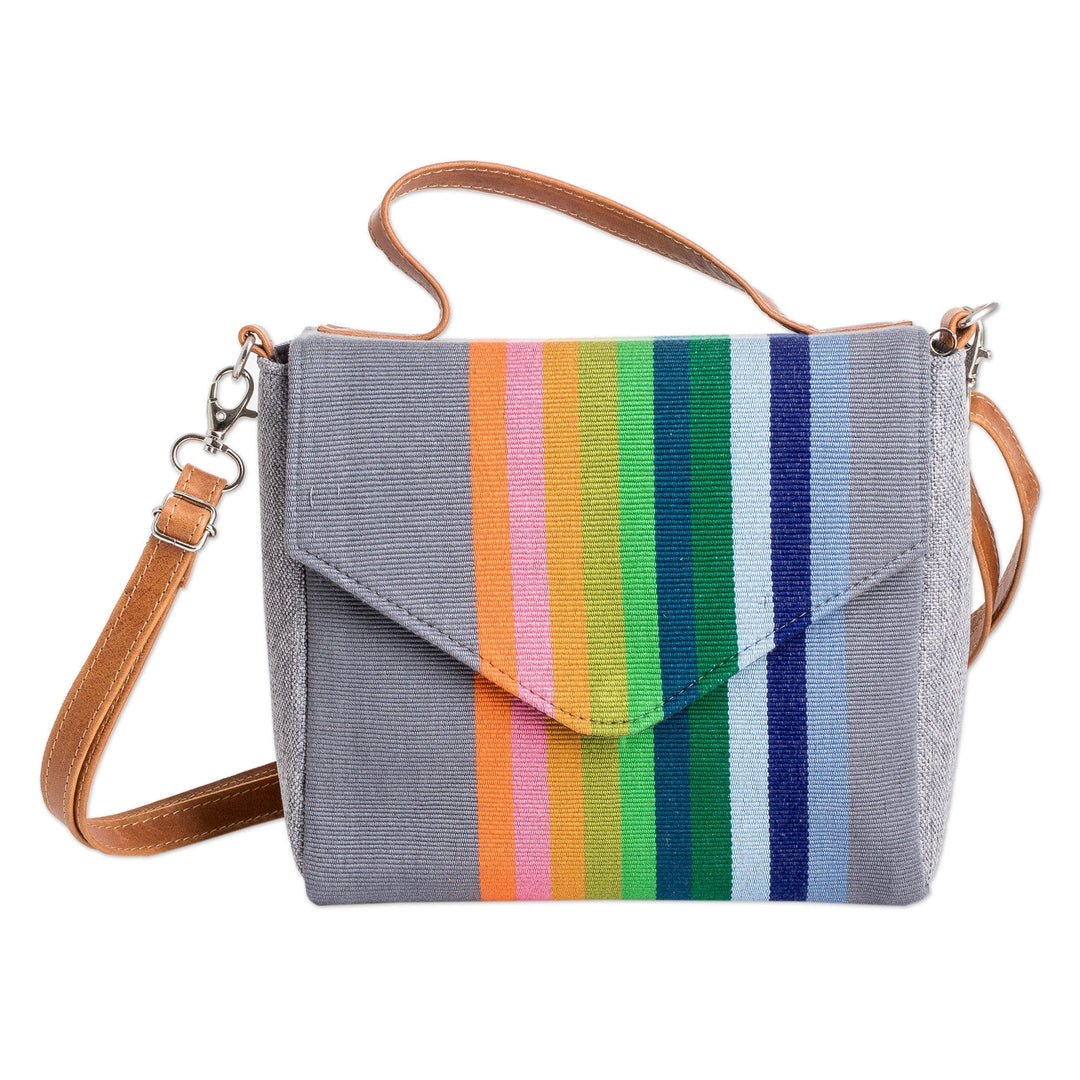 Leather-Accented Striped Cotton Sling Bag in Grey Base Hue - Pewter Fate