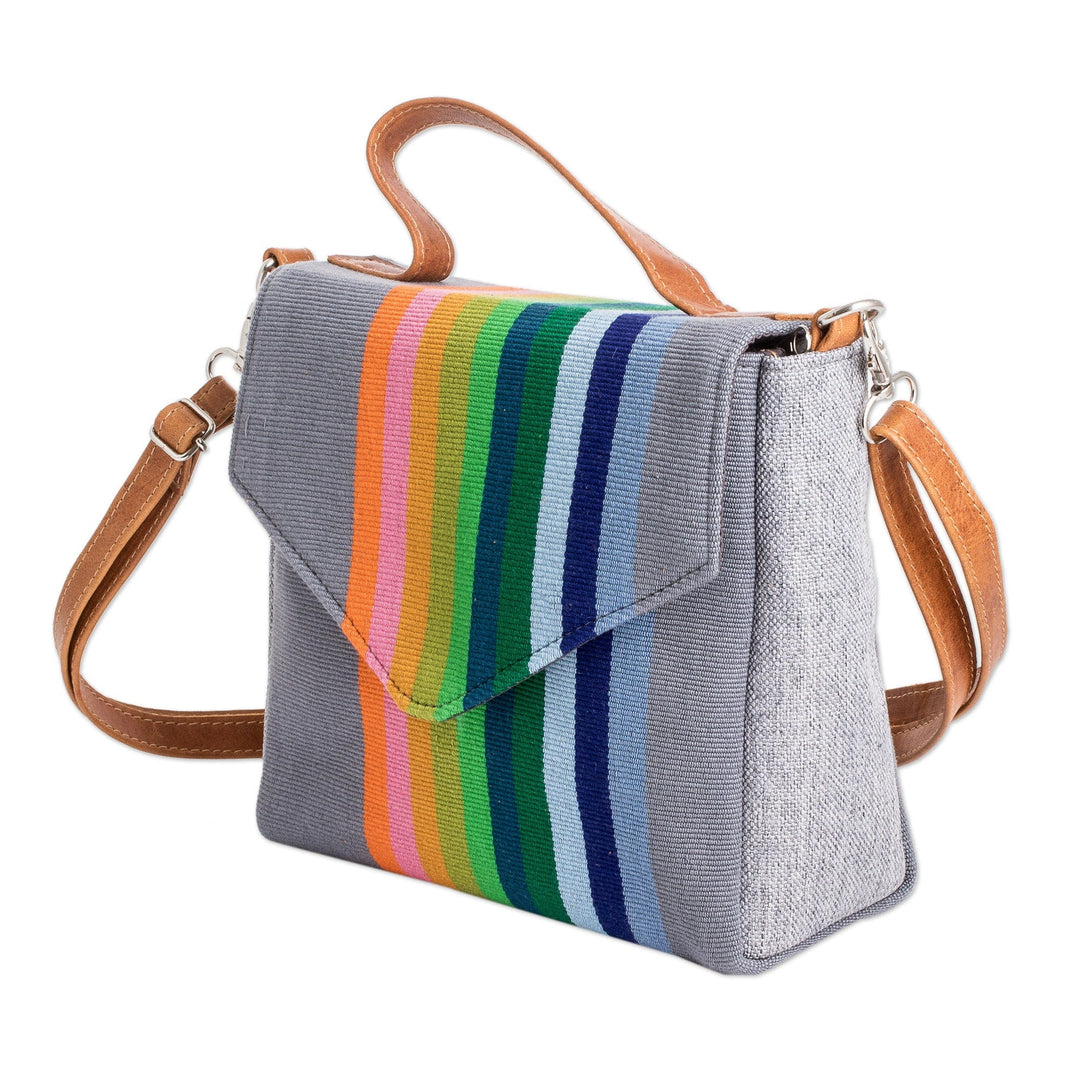 Leather-Accented Striped Cotton Sling Bag in Grey Base Hue - Pewter Fate