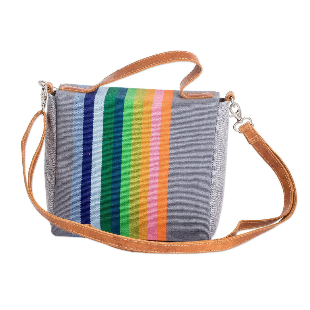 Leather-Accented Striped Cotton Sling Bag in Grey Base Hue - Pewter Fate