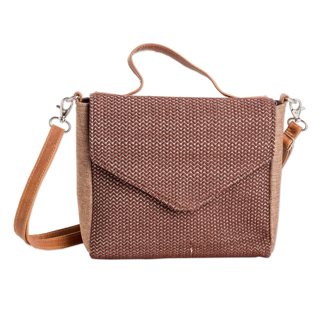 Leather-Accented Cotton Sling Bag in Brown and White Hues - Chocolate Fate