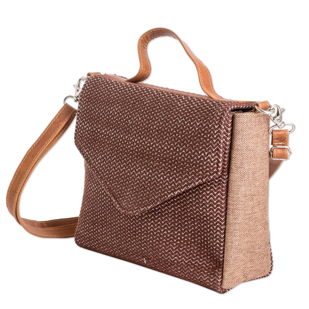 Leather-Accented Cotton Sling Bag in Brown and White Hues - Chocolate Fate
