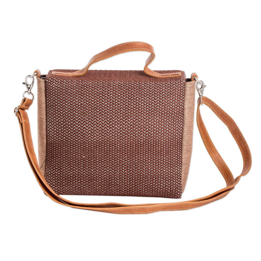 Leather-Accented Cotton Sling Bag in Brown and White Hues - Chocolate Fate