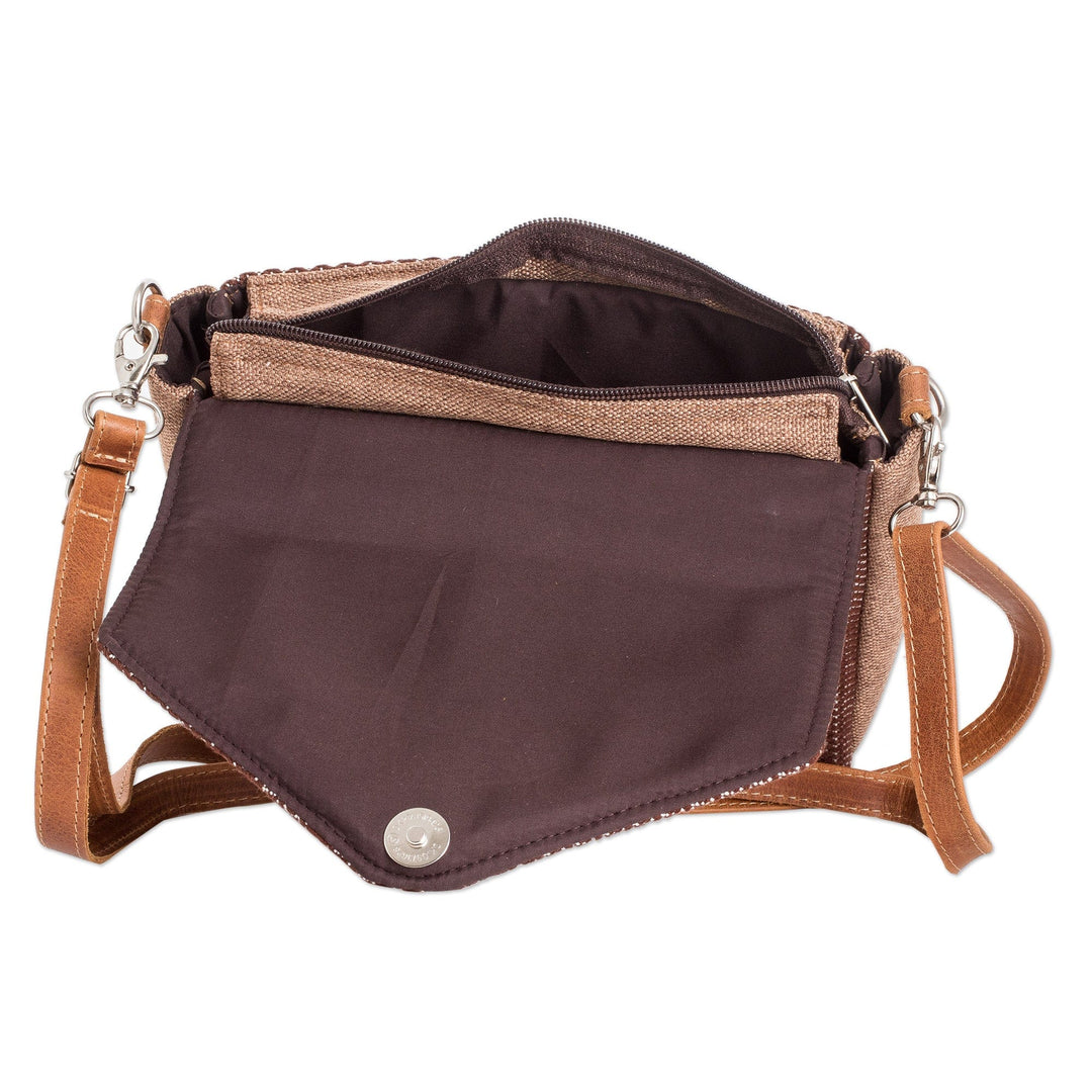 Leather-Accented Cotton Sling Bag in Brown and White Hues - Chocolate Fate