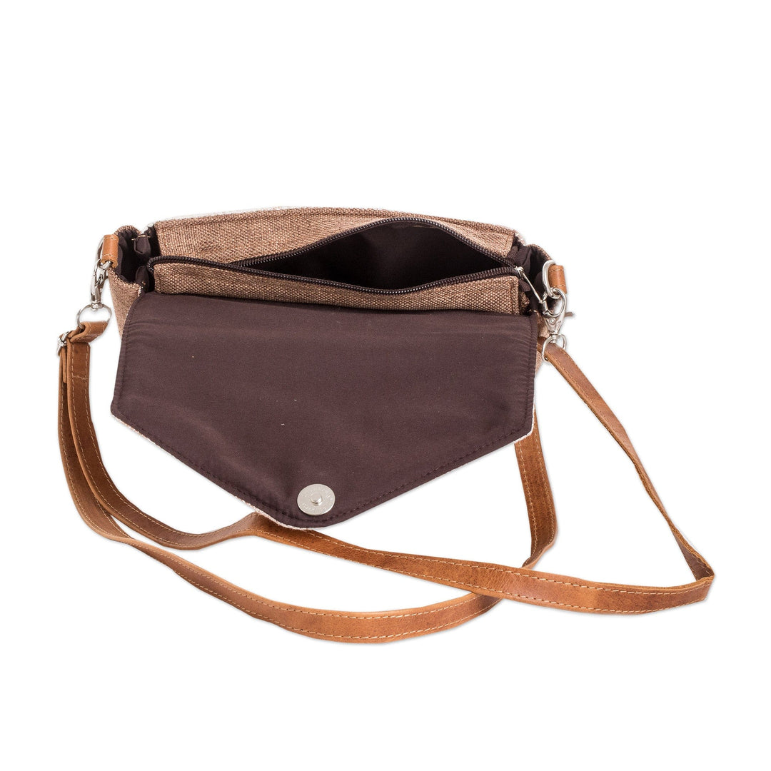 Leather-Accented Cotton Sling Bag in Beige and Ivory Hues - Beige Fate