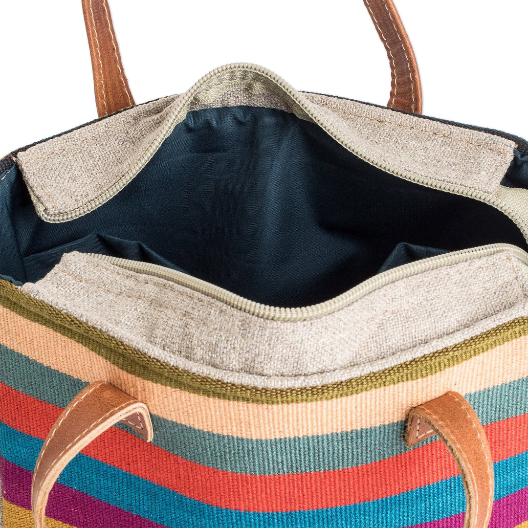 Leather-Accented Colorful Striped Cotton Shoulder Bag - Tropical Season
