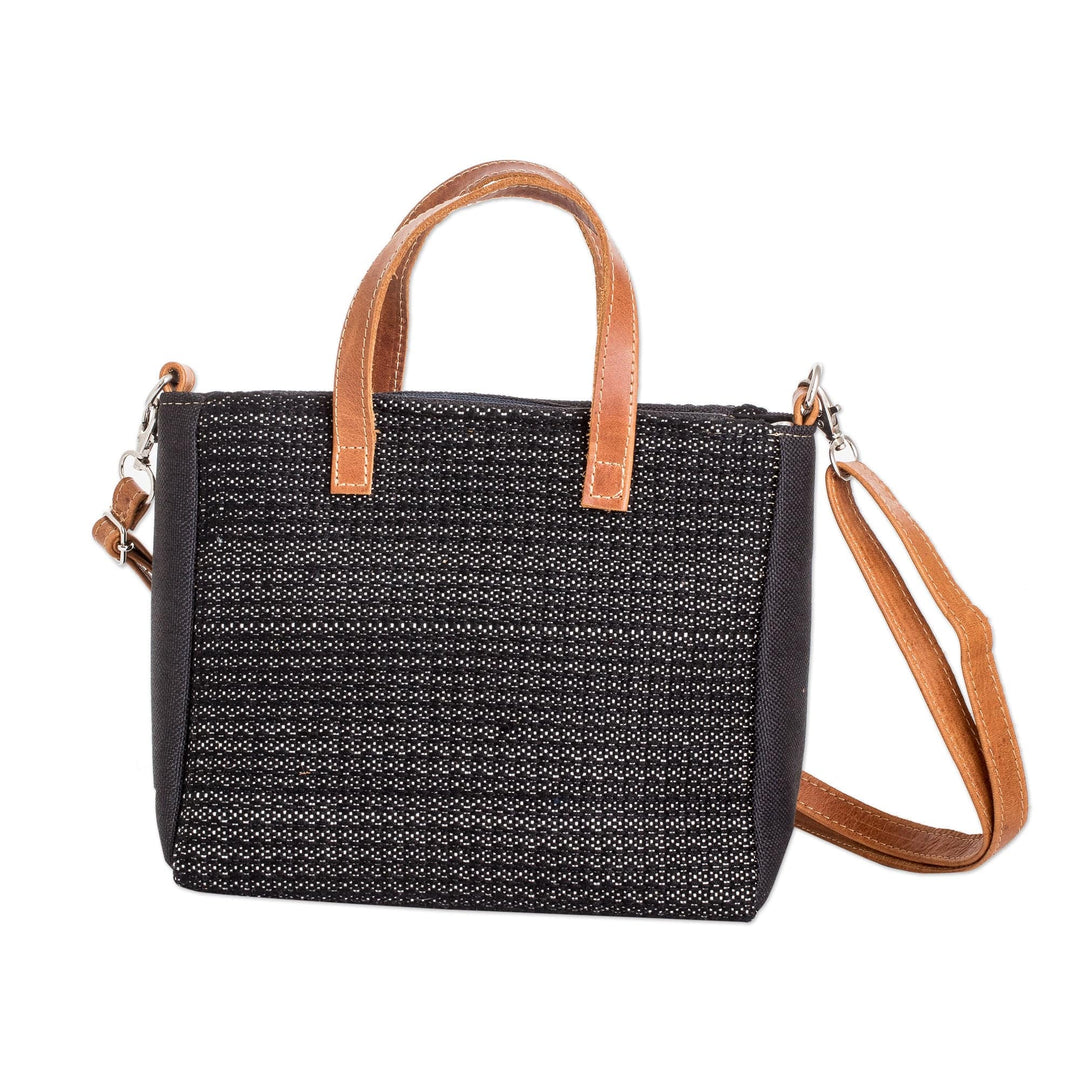 Leather-Accented Black and Ivory Cotton Shoulder Bag - Mysterious Season
