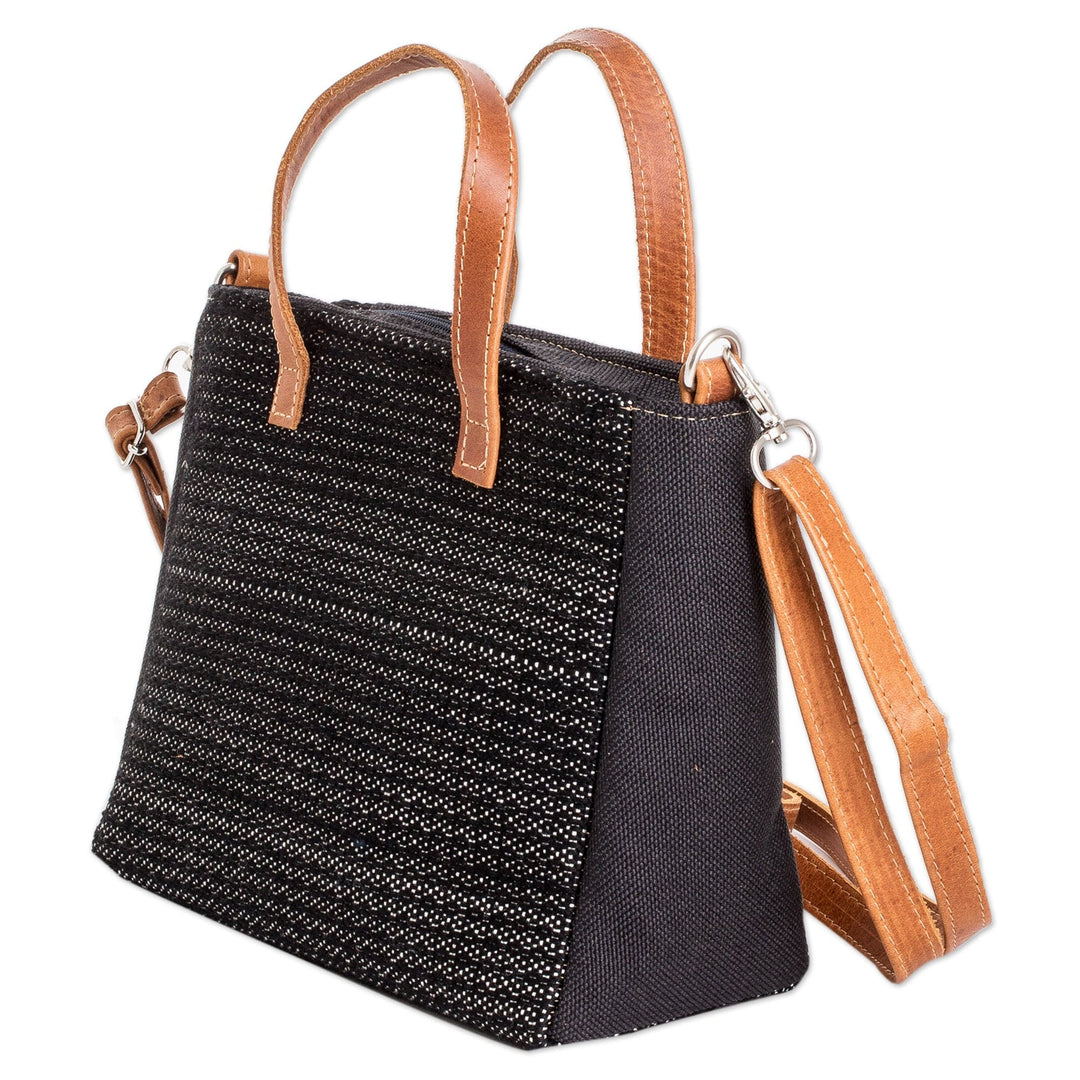 Leather-Accented Black and Ivory Cotton Shoulder Bag - Mysterious Season