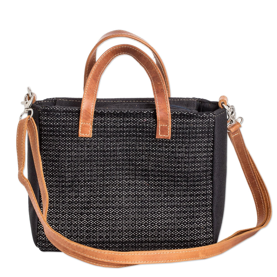 Leather-Accented Black and Ivory Cotton Shoulder Bag - Mysterious Season