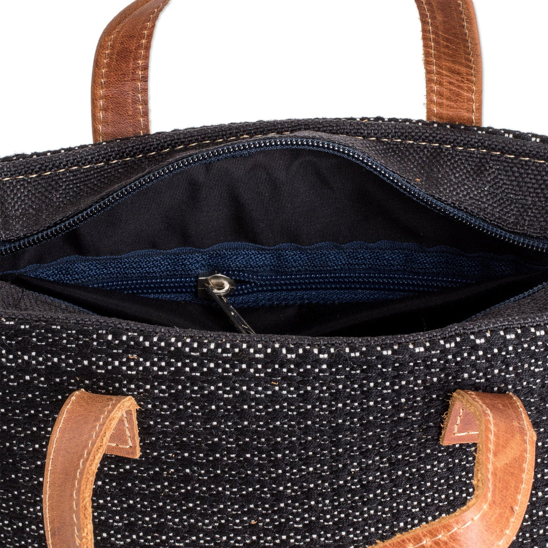 Leather-Accented Black and Ivory Cotton Shoulder Bag - Mysterious Season