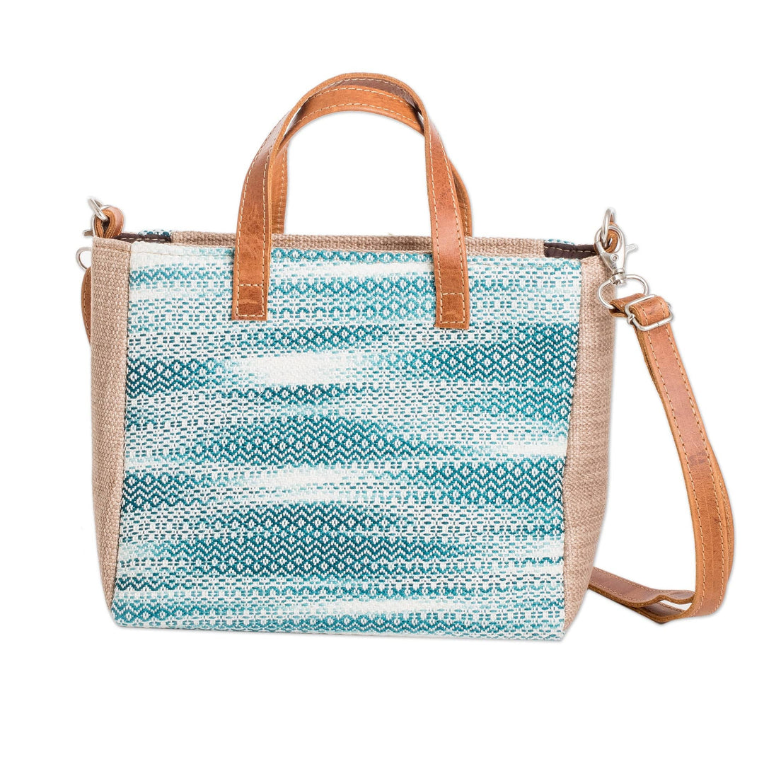 Leather-Accented Abstract Teal and Aqua Cotton Shoulder Bag - Oceanic Season