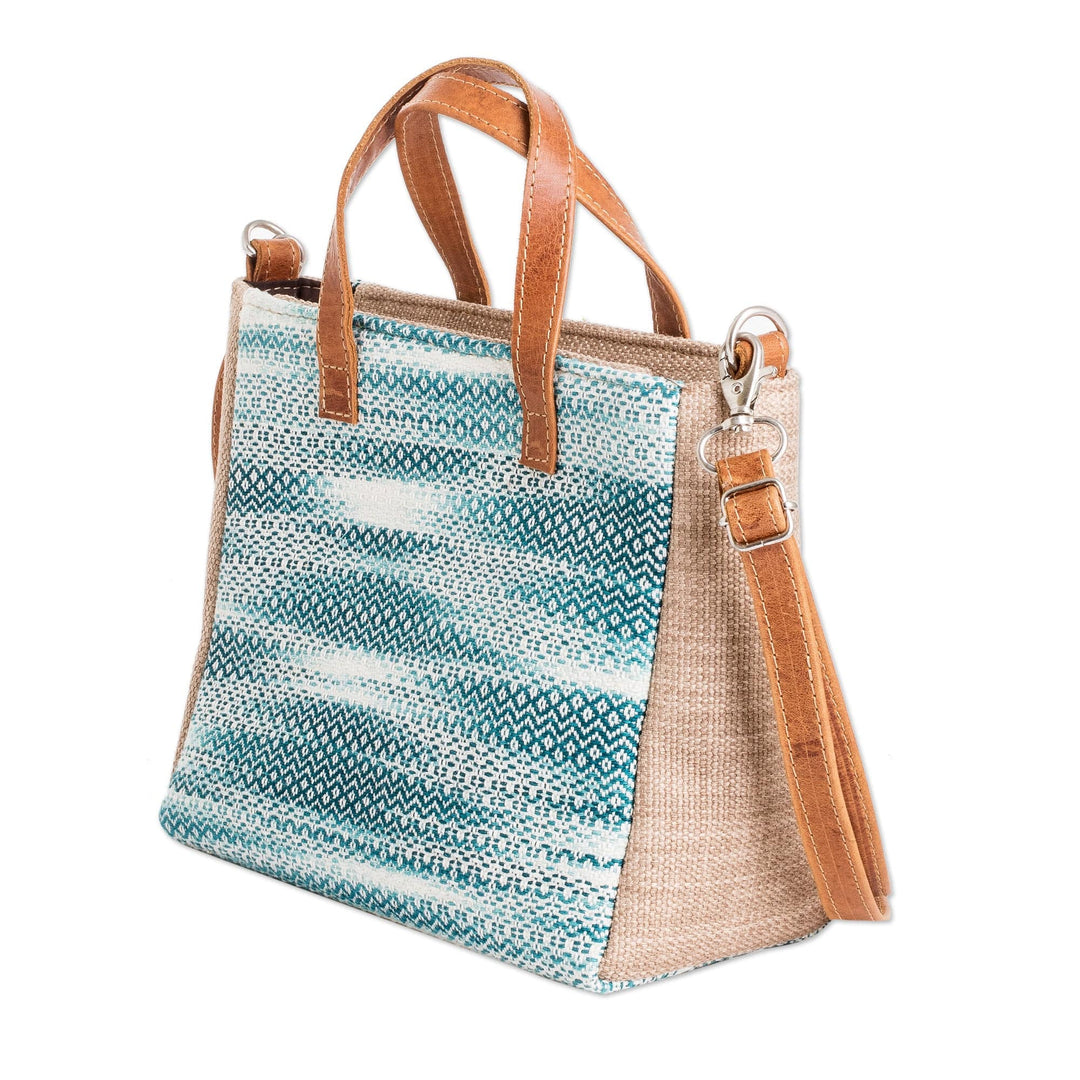 Leather-Accented Abstract Teal and Aqua Cotton Shoulder Bag - Oceanic Season