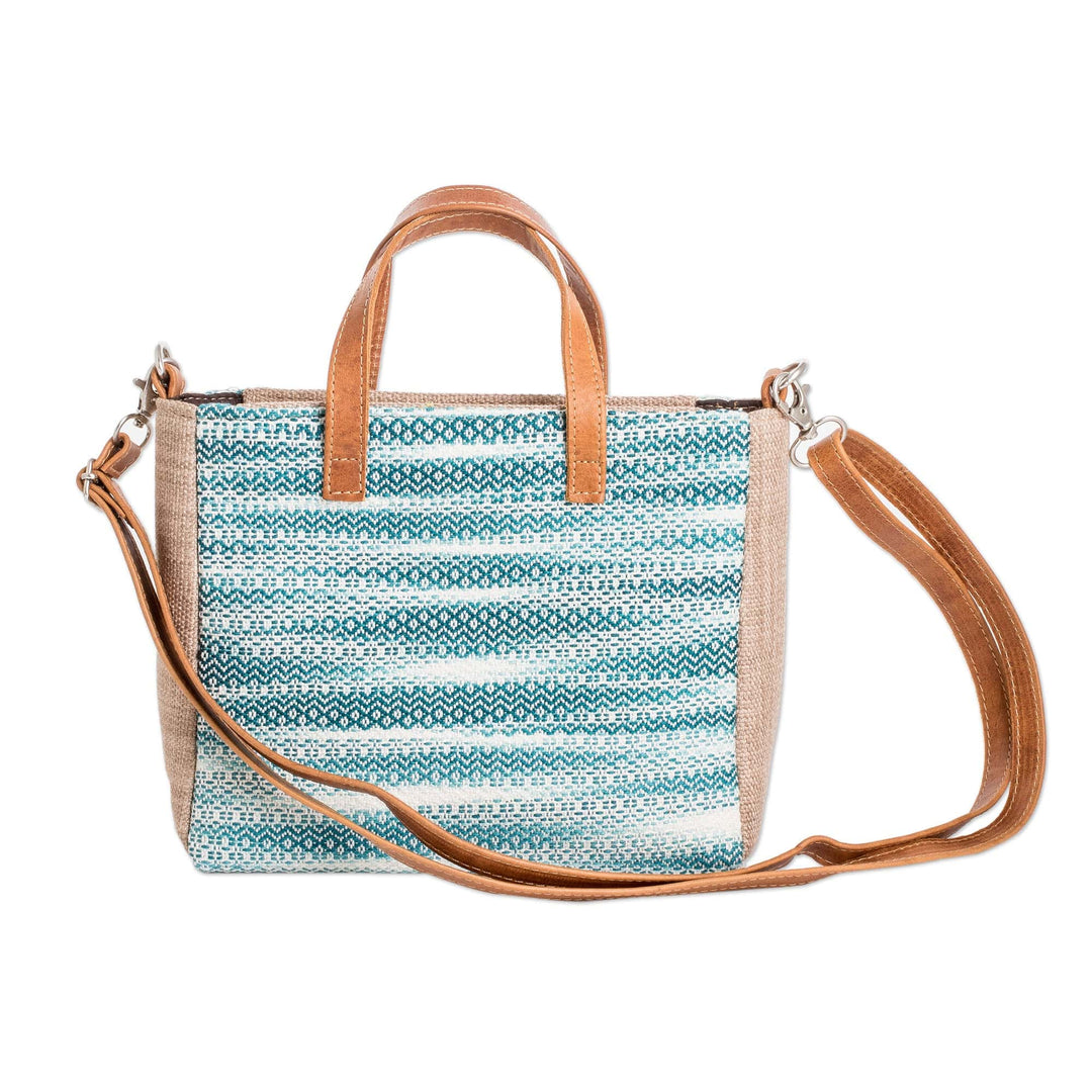 Leather-Accented Abstract Teal and Aqua Cotton Shoulder Bag - Oceanic Season