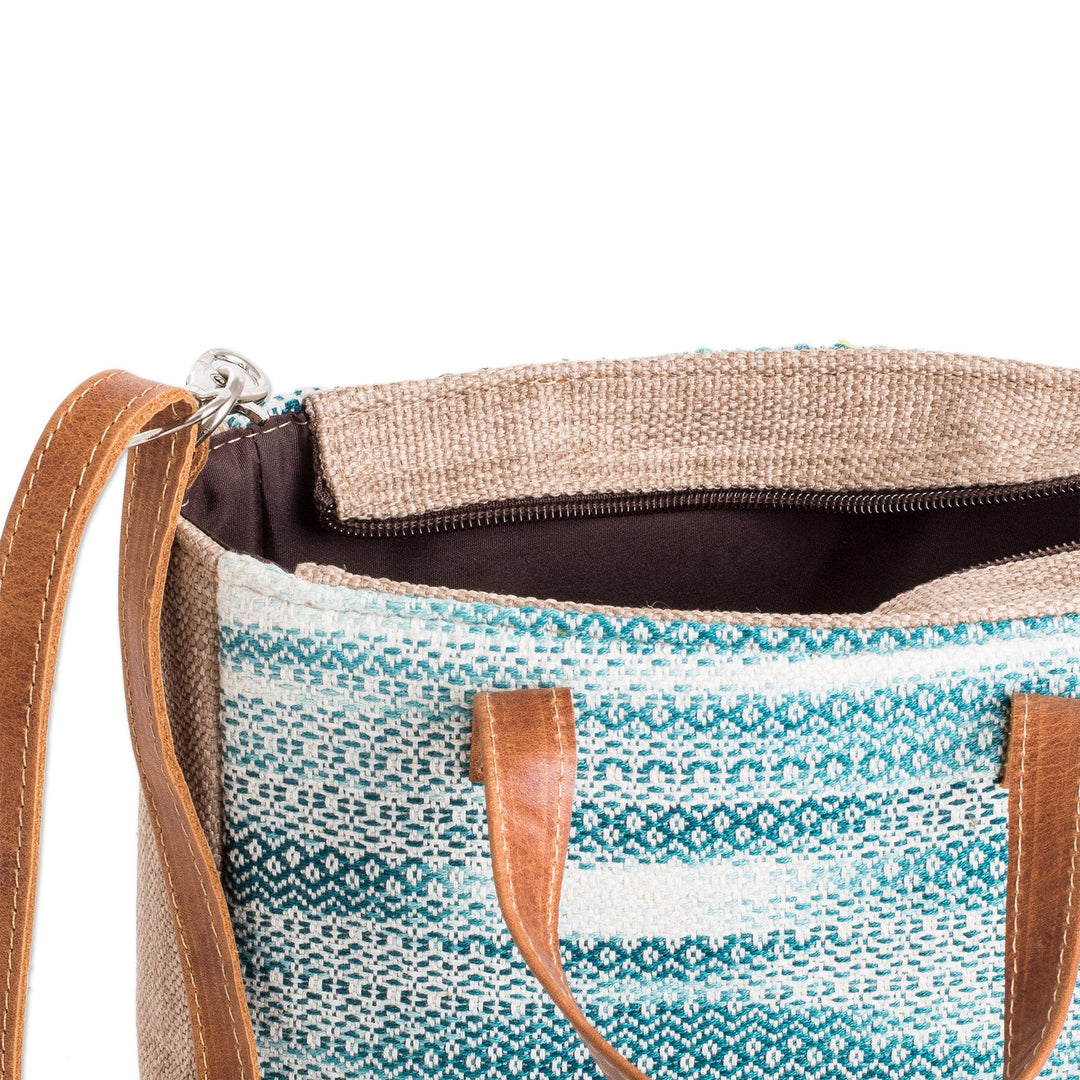 Leather-Accented Abstract Teal and Aqua Cotton Shoulder Bag - Oceanic Season